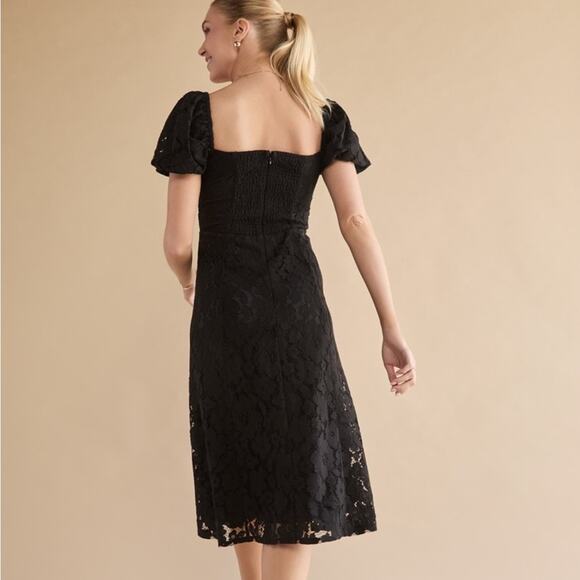 NWT Francesca’s Tabitha Lace Puff Sleeve Midi Dress Black Slit Floral Formal - Picture 2 of 3